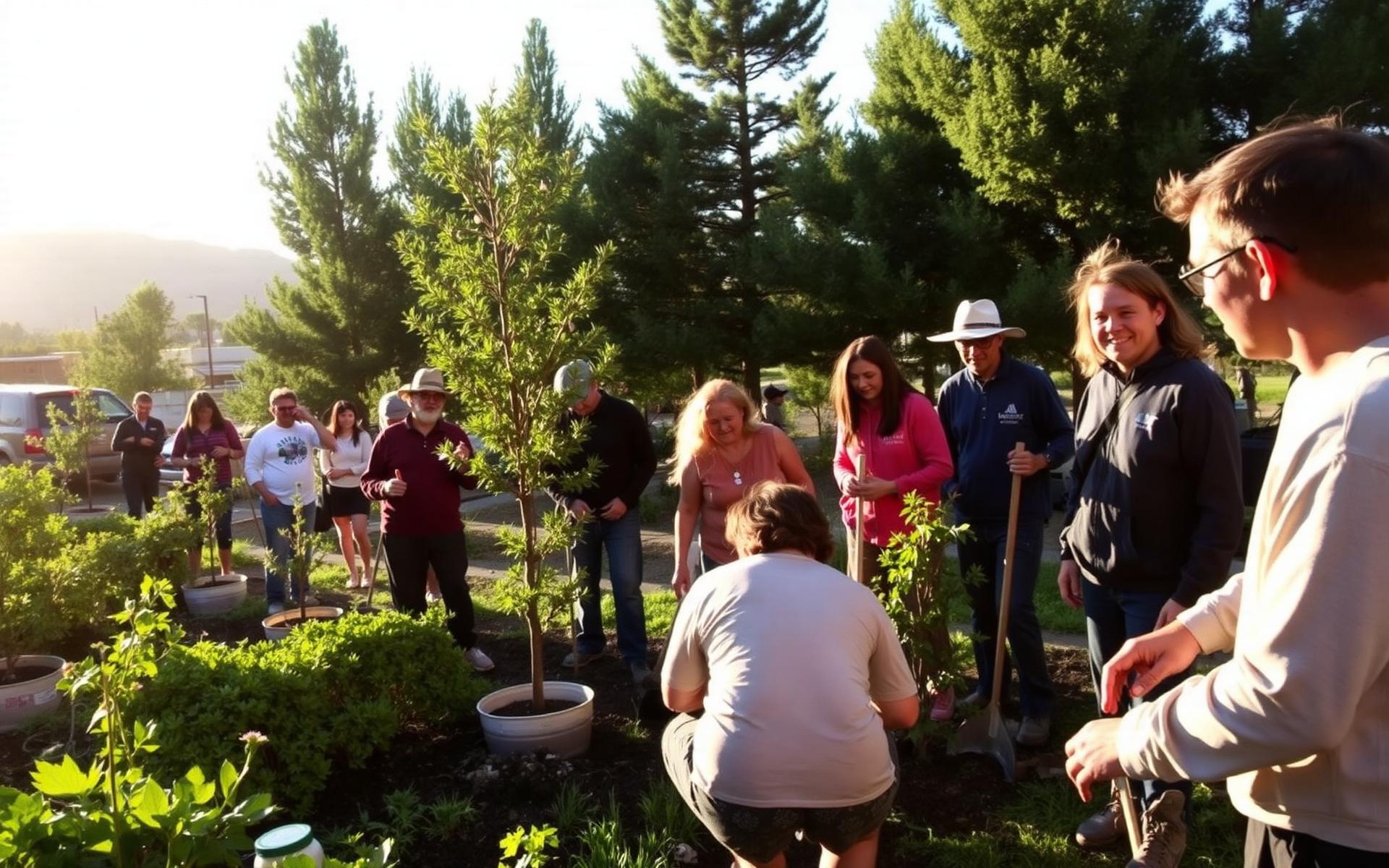Community volunteers planting trees at a Reno community garden at golden hour
